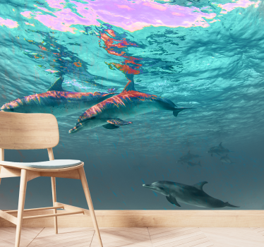 Delfinii înotând în mare sub muralul mural - TenStickers