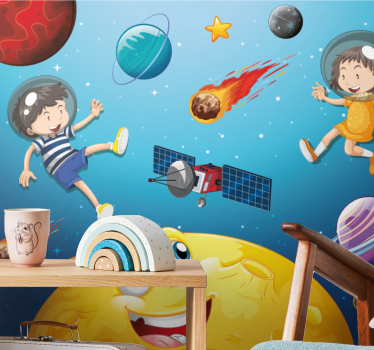 Desene animate copii care se joacă în spațiu fototapetpentru copi - TenStickers
