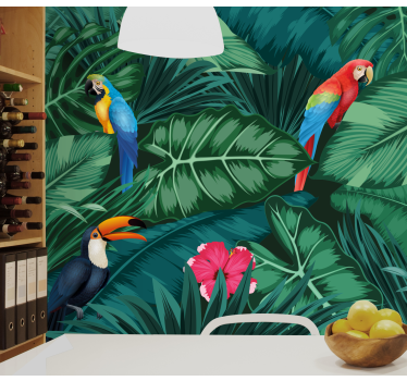 Jungla colorată cu tapet mural cu pădure de papagali - TenStickers
