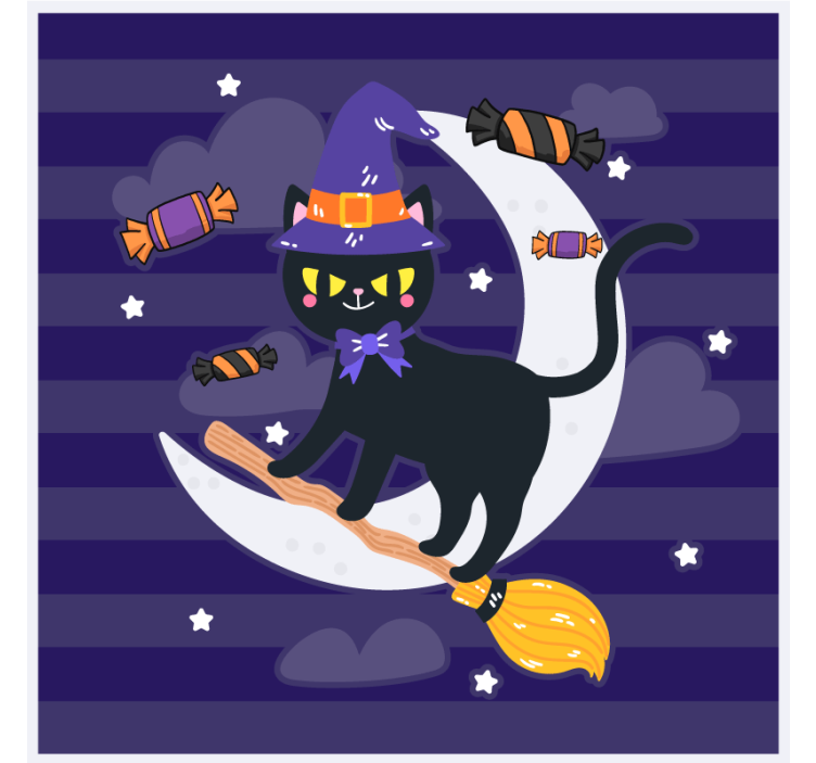 Suporturi pahare de halloween pisica vrăjitoare pe mătură - TenStickers
