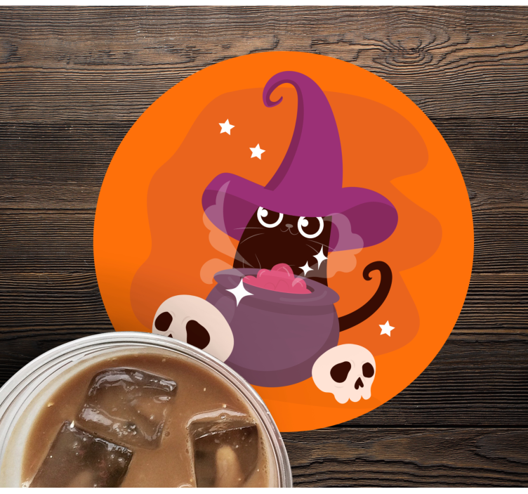 Pisică vrăjitoare pălărie ilustrare coaster de halloween - TenStickers