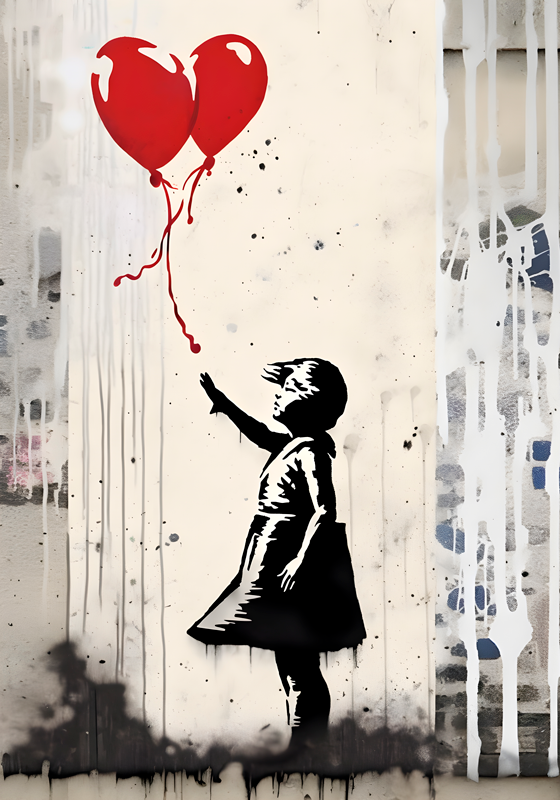 Poster arta fetiță cu baloane pe perete - TenStickers