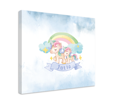 Unicorni fericiți peste un curcubeu imprimări de pânză personaliz - TenStickers