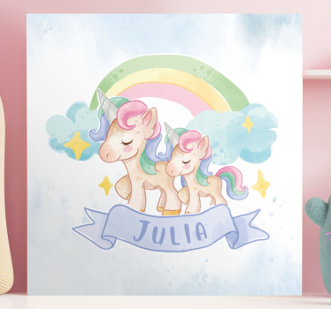 Unicorni fericiți peste un curcubeu imprimări de pânză personaliz - TenStickers
