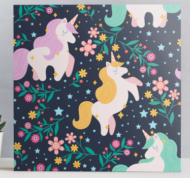 Flori și stele unicorn pânză artă de perete - TenStickers