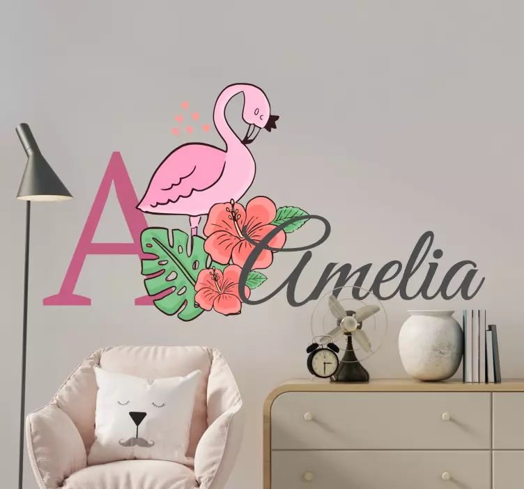 Autocolant pentru copii flamingo floral personalizat - TenStickers