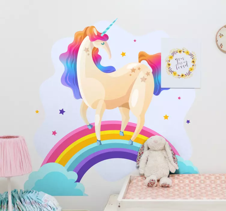 Autocolant pentru copii peisaj de vis cu unicorn și curcubeu - TenStickers