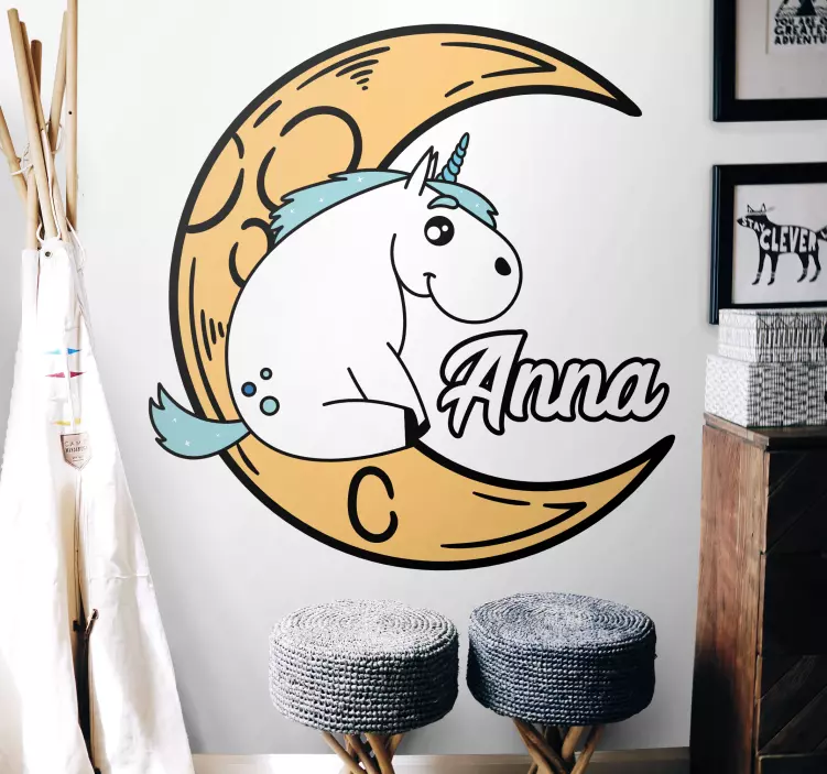 Autocolant pentru copii unicorn lună personalizată - TenStickers