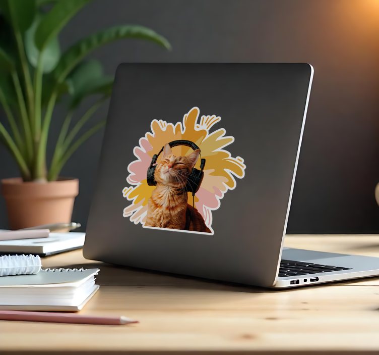Autocolant pentru laptop pisică fericită cu căști - TenStickers