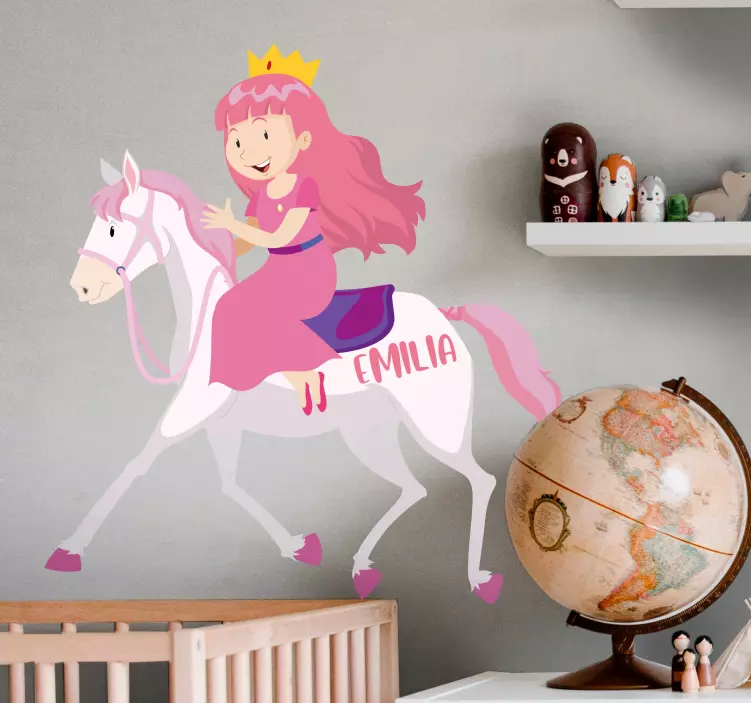 Autocolant pentru copii prințesă călare cu unicorn cu nume - TenStickers