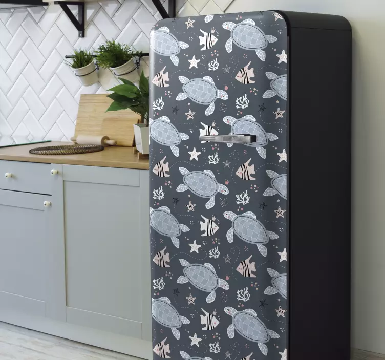 Broaște țestoase și pește sub autocolant frigider - TenStickers