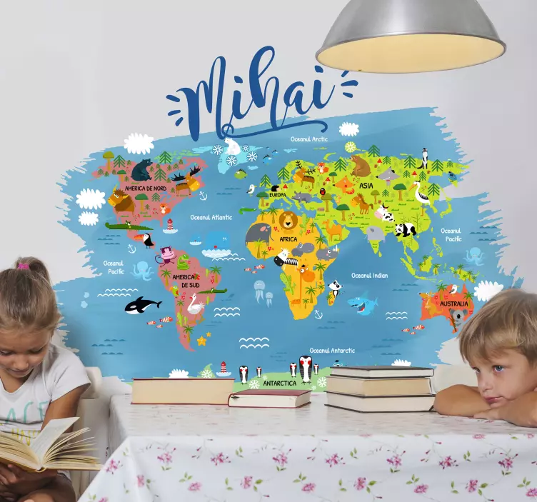 Harta lumii cu nume în desenul de autocolant românesc - TenStickers