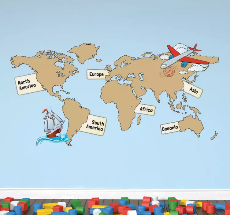 Hartă mondială cu autocolant de continente - TenStickers