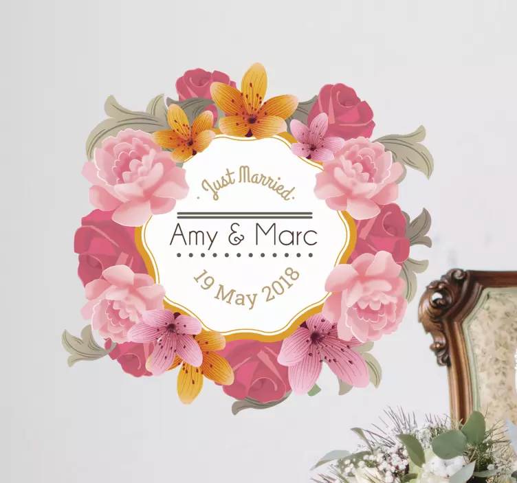 Sticker de nunta cu cadru floral personalizat - TenStickers