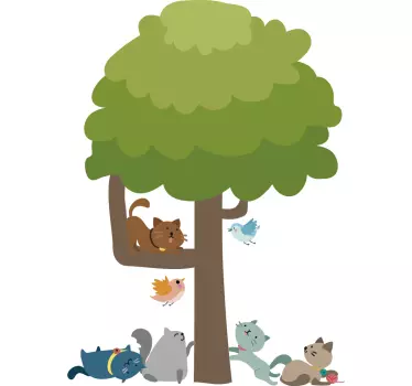 Copac și patru pisici decal perete - TenStickers