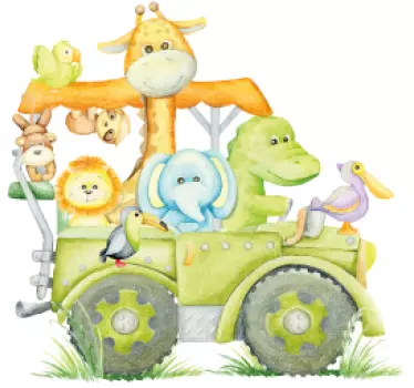 Autocolante camera copii animale din junglă cu Jeep-ulAnimale din - TenStickers