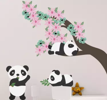Copac cu flori și pandas autocolant pentru animale sălbatice - TenStickers