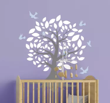 Copac cu frunze albe și păsări ilustrare artă de perete - TenStickers