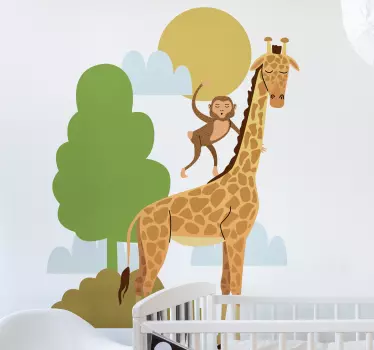 Copac cu girafă și maimuțe autocolant pentru animale sălbatice - TenStickers