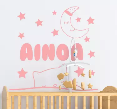 Nume personalizabil cu autocolant de perete pentru pisică și lună - TenStickers