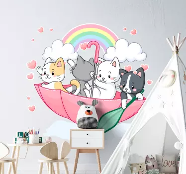 Pisoi și ilustrarea umbrelei artă de perete - TenStickers