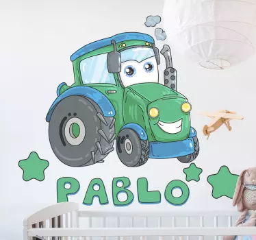 Tractor cu desene animate cu autocolant personalizat cu nume - TenStickers