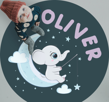 Covor de vinil pepiniere elefant pe lună cu nume - TenStickers