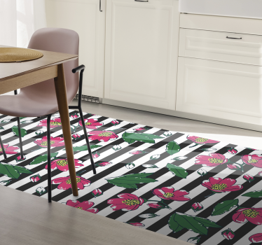 Covor roz din vinil cu dungi florale, alb-negru - TenStickers
