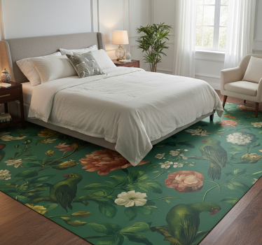 Covor vinil dormitor design flori și păsări verzi închise - TenStickers