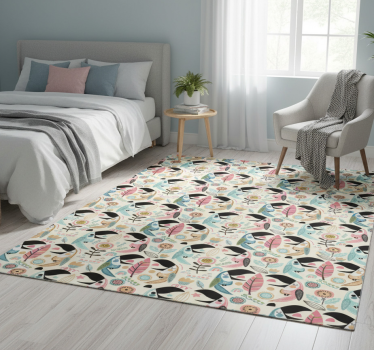 Covor vinil dormitor frunze pastel nordice albastre - TenStickers