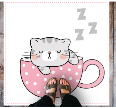 Pisică drăguță dormind pe o ceașcă de cafea cu desene animate pen - TenStickers