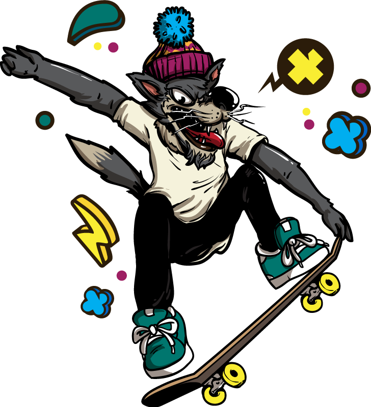 Covor vinil animal lup pe skateboard - TenStickers