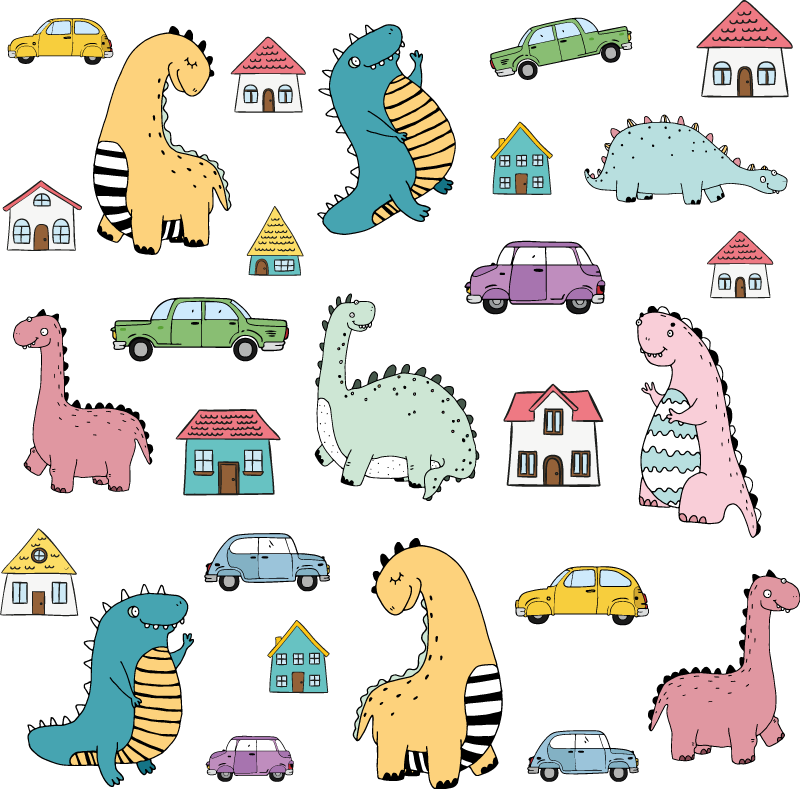 Covor vinil animal set dinozauri nordici în oraș - TenStickers