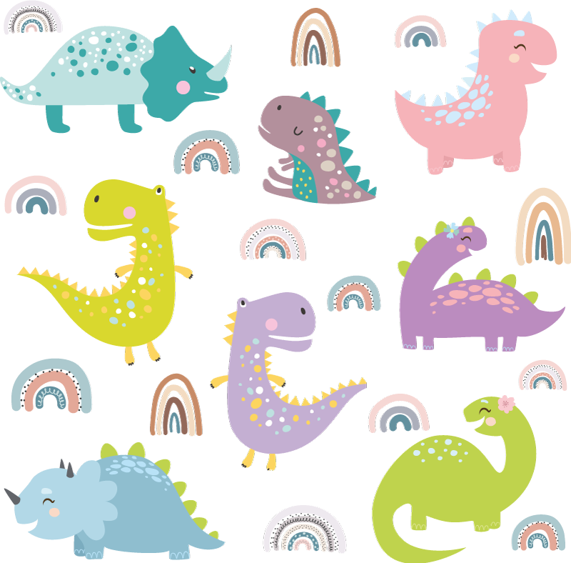 Covor vinil dormitor dinozauri nordici cu curcubeie - TenStickers
