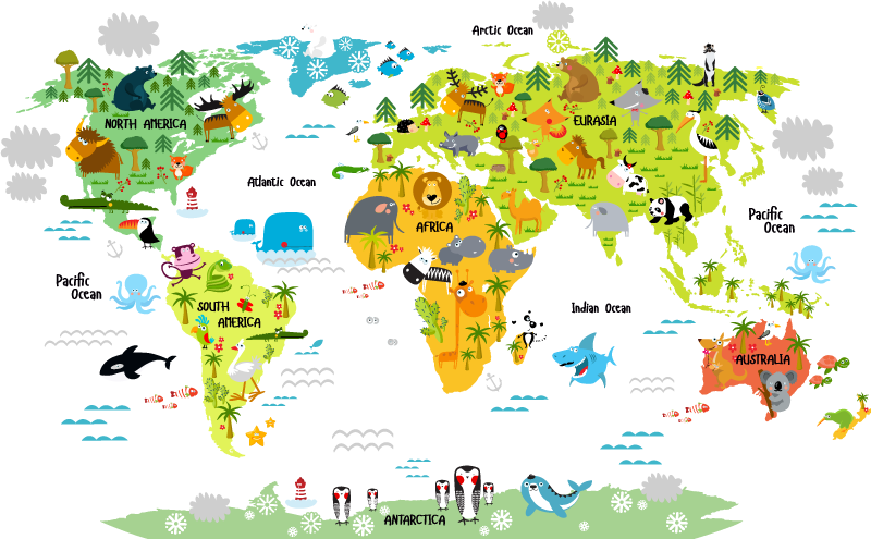 Covor de vinil harta lumii design cu fauna engleză - TenStickers