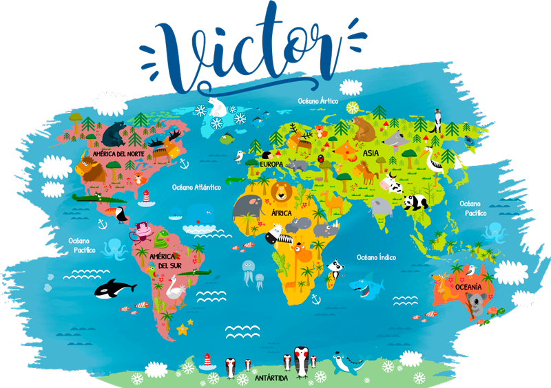 Covor de vinil harta lumii cu animale și nume în spaniolă - TenStickers