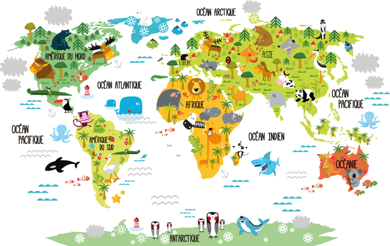 Covor de vinil harta lumii cu animale pentru copii - TenStickers
