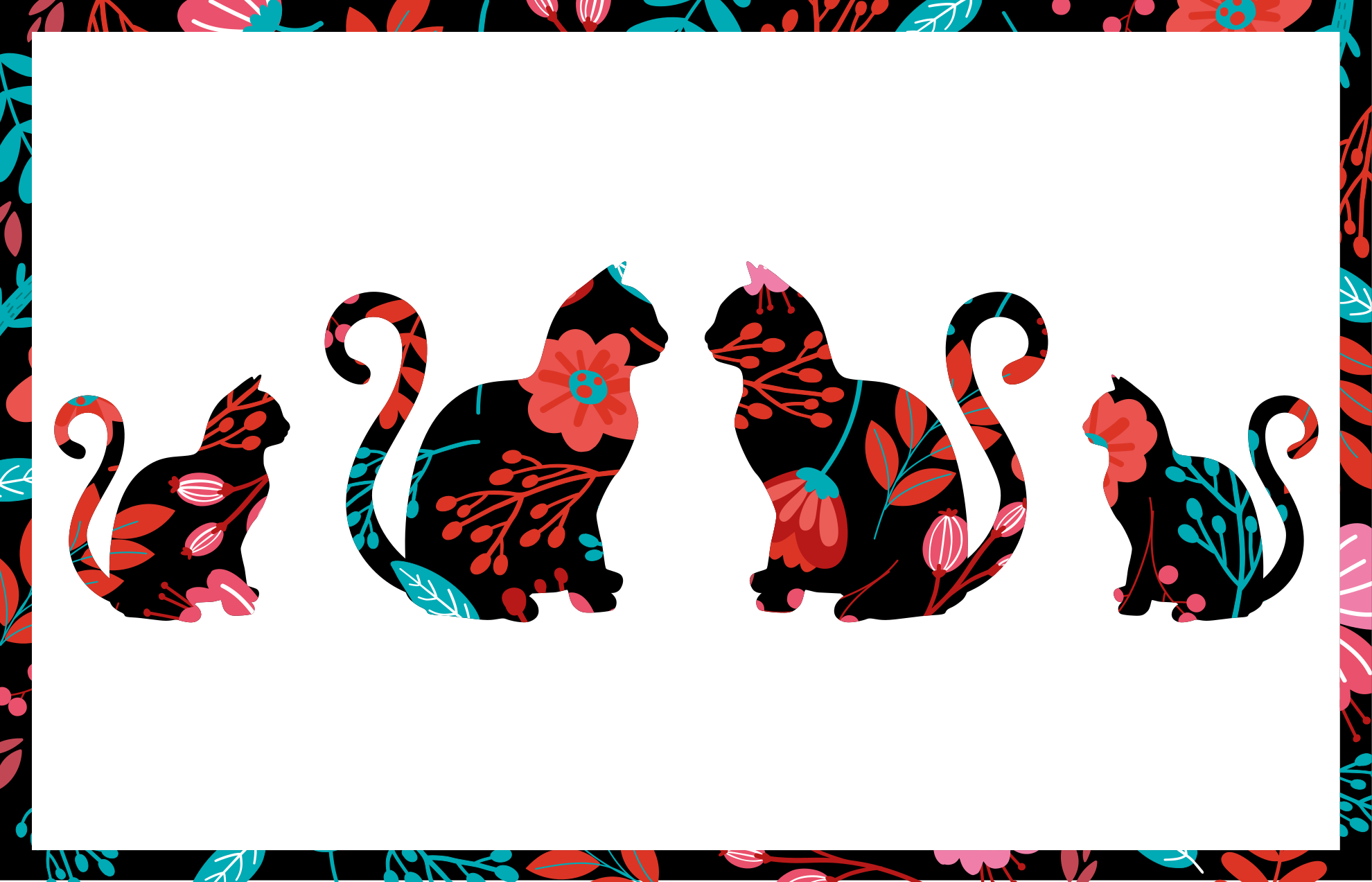 Covor vinil flori și plante siluete colorate de pisici - TenStickers