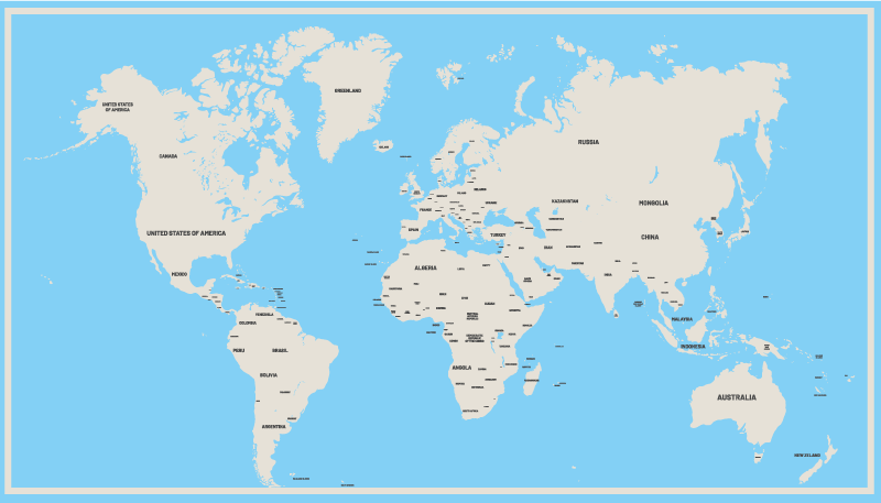 Culori deschise cu nume de țară covor hartă lume - TenStickers