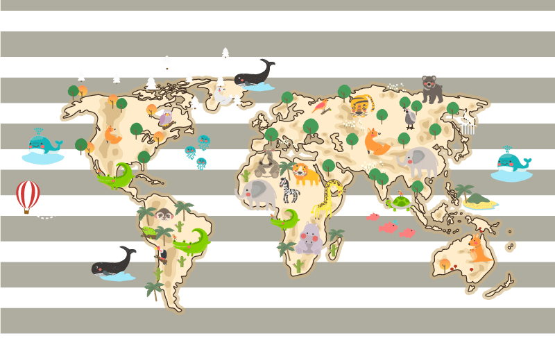 Covor de vinil harta lumii ilustrație colorată a animalelor - TenStickers