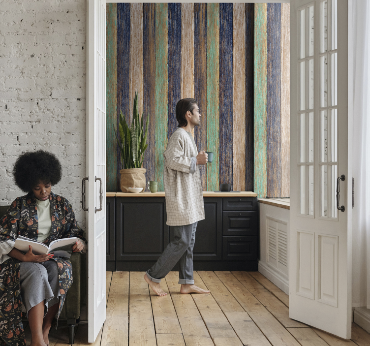 Tapet cu efect de lemn laminat albastru și maro - TenStickers