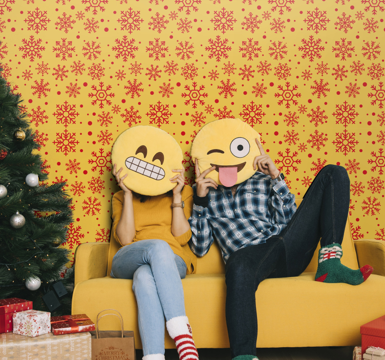 Crăciun tapet fulgi de nea roșii pe fond galben - TenStickers