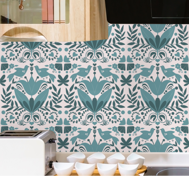 Albastru arta populara model pasari tapet flori - TenStickers