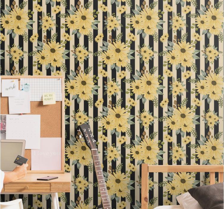 Tapet floral model de floarea soarelui în dungi - TenStickers