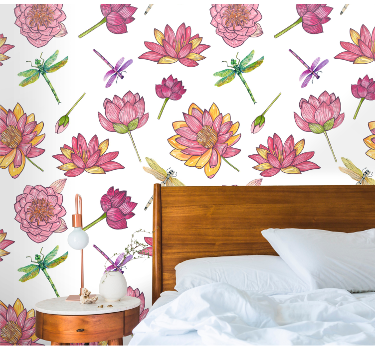 Tapet flori fuziune cu libelule florale - TenStickers