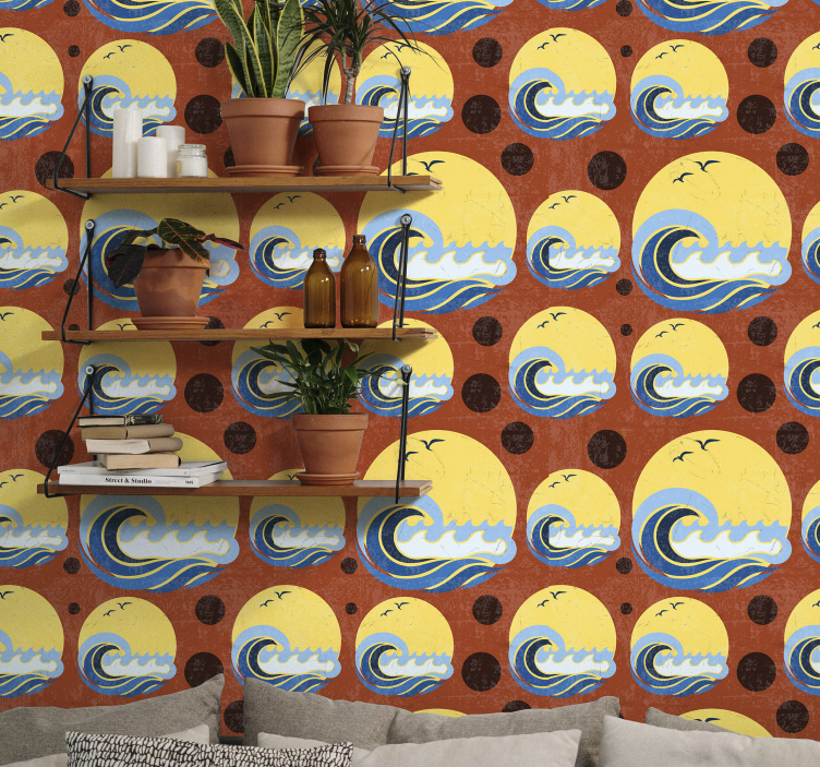Tapet de soare, plajă și val de formă geometrică - TenStickers