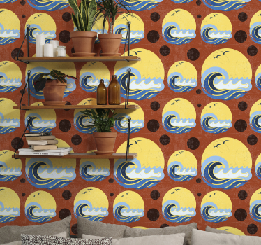 Tapet geometric soare, plajă și val - TenStickers